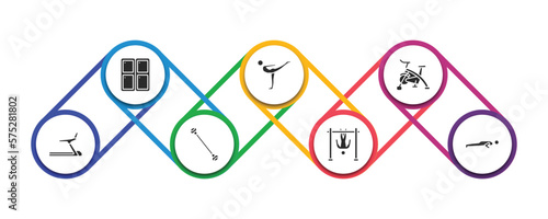 gym and fitness filled icons with infographic template. glyph icons such as locker, stretching leg exercise, riding bicycle, training apparatus, exercise bands, bar exercising, pushups exercises