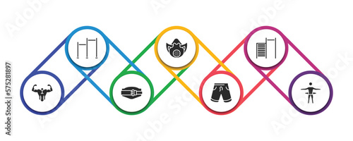 gym and fitness filled icons with infographic template. glyph icons such as gym ladder, elevation mask, tightening bar, bodybuilder, lumbar belt, fitness shorts, stick man hoop vector.