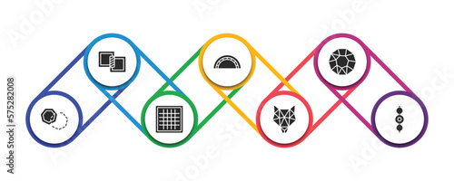 geometric figure filled icons with infographic template. glyph icons such as unite, semicircle, polygon, foreground, grids, polygonal wolf head, center alignment vector.