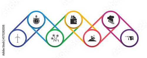general filled icons with infographic template. glyph icons such as analog stopwatch, card wallet, chef hat with a pencil, renewable energy label, daisy bouquet, sand, perforator vector.