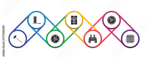 general filled icons with infographic template. glyph icons such as fretsaw, birthday present, go green badge, sledgehammer, cd record, pair of binoculars, patch crop vector.