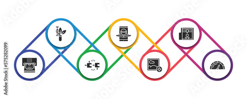 general filled icons with infographic template. glyph icons such as biotechnology, ar app, 3d printing, atm cash, compatibility, add photos, credit rating vector.