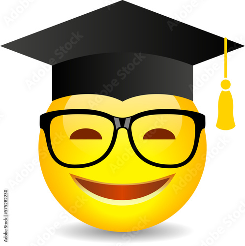 Clever nerd emoji with glasses and academic hat, vector cartoon