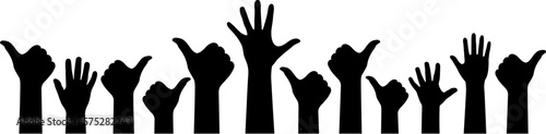 Human raised hands silhouette, wide vector banner