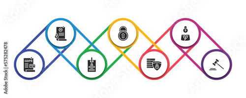 gdpr filled icons with infographic template. glyph icons such as medical record, key, person, text file, id card, data processing, auction vector.