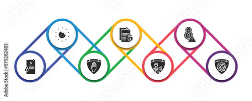 gdpr filled icons with infographic template. glyph icons such as cookie, documentation, alert, penalty, right to objection, child consent, gear vector.