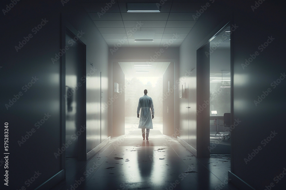 Rear view of a doctor walking down the corridor of the hospital. Generative AI