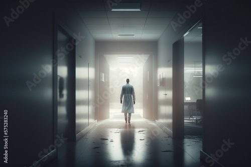 Rear view of a doctor walking down the corridor of the hospital. Generative AI