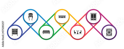 furniture filled icons with infographic template. glyph icons such as stool, tv table, clo, bedside table, sofa, table with chair, carpet vector.