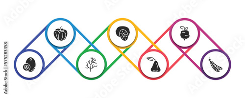 fruits and vegetables filled icons with infographic template. glyph icons such as paprika, kiwi, radishes, breast milk fruit, dill, rose, pea vector.