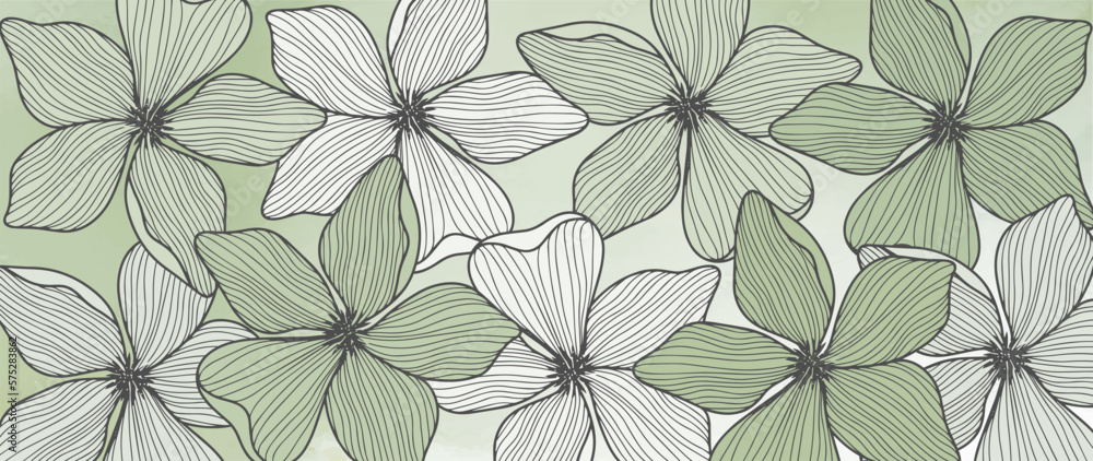 Green vector spring illustration with flowers for decor, covers, backgrounds, design, wallpapers