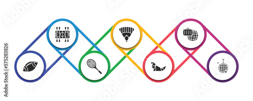 free time filled icons with infographic template. glyph icons such as table football, baseball field, traveling, rugby ball, tennis racket, origami, disco ball vector.