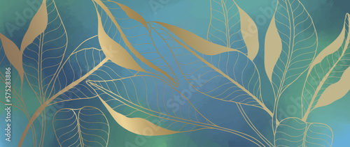 Blue green abstract luxury illustration with golden leaves for decor, covers, backgrounds, designs, wallpapers