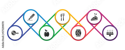 food filled icons with infographic template. glyph icons such as paper knife, knife and fork, cake graphic, fried eggs, with leaf, treats, dish and toothpick vector.