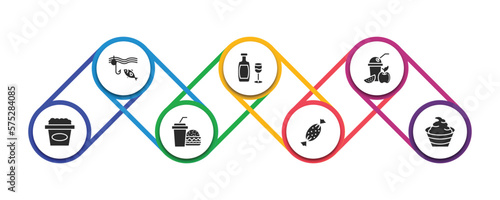 food filled icons with infographic template. glyph icons such as fishing line, wine glass and bottle, smoothies, canjica, hamburguer & drink, toffee, mayonnaise vector.