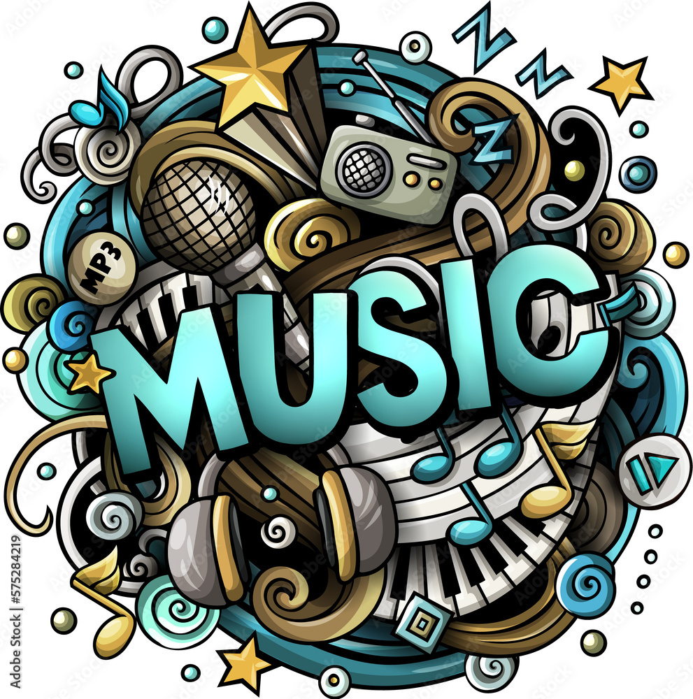 Music detailed lettering cartoon illustration