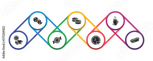 food filled icons with infographic template. glyph icons such as biscuits, arons, hot chote, time to have a break, polvoron, tea time, hotdog and bread vector.