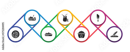food filled icons with infographic template. glyph icons such as dandan noodles, fresh smoothie, bitten ice cream, snow fungus soup, risotto, boiler, baguette vector.
