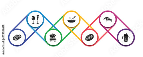 food filled icons with infographic template. glyph icons such as alcoholic drinks, stew, croissant, pretzel, snack booth, hotdog, sippy cup vector.