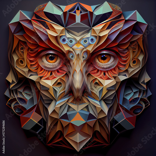  psychedelic symmetrical illustration of a fictional character, with DMT & sacred geometry influences, ai generated 