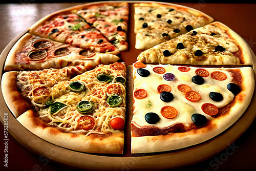 A whole pizza with slices of different pizzas art design created with Generative AI technology
