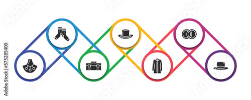 fashion filled icons with infographic template. glyph icons such as pair of socks, cylinder hat, fiance, accesory, closed briefcase, blouse with buttons, round hat vector.