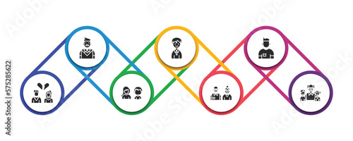 family relations filled icons with infographic template. glyph icons such as father, nephew, brother, ex-husband, sibling, grandparents, grandchild vector.
