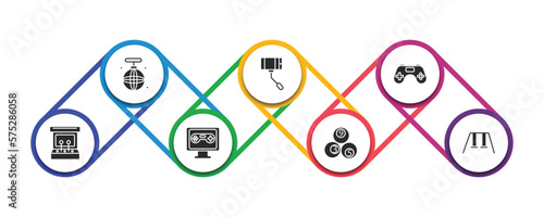 arcade filled icons with infographic template. glyph icons such as disco, selfie stick, game console, arcade, pc game, billiards, swing vector.