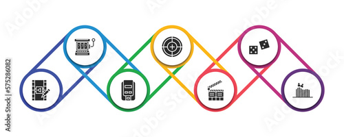 arcade filled icons with infographic template. glyph icons such as slot hine, shooting game, dices, video editing, super, clapboard, roller coaster vector.