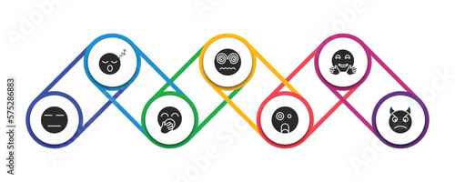 emoji filled icons with infographic template. glyph icons such as sleep emoji, hypnotized emoji, hugging expressionless yawning shocked angry with horns vector.