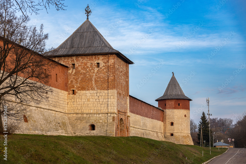 Medieval wall of the Zaraysk Kremlin with St. George Gate Tower and Hiding-place Corner Tower, Moscow region, Russia. Cultural heritage of the Middle Ages (16th century) in the Moscow region, Russia