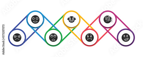 emoji filled icons with infographic template. glyph icons such as surprise emoji, shy emoji, monocle pouting bored nauseated proud vector.