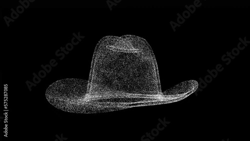 3D cowboy hat rotates on black bg. Object dissolved white flickering particles 60 FPS. Business advertising backdrop. Science concept. For title, text, presentation. 3D animation