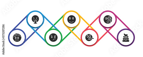 emoji filled icons with infographic template. glyph icons such as puking emoji, emoji curious injured confused lying poo vector.