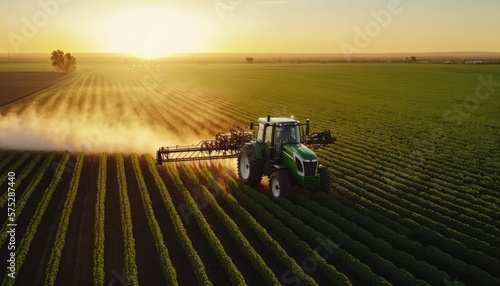 Obraz na płótnie Aerial View of Tractor Spraying Pesticides on Green Soybean Plantation at Sunset - Drone View