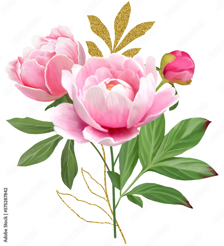 Pink peonies with green leaves on a white background. Bright flower bouquet with gold leaves. Pink peonies with green leaves on a white background. Bright flower bouquet with gold leaves.