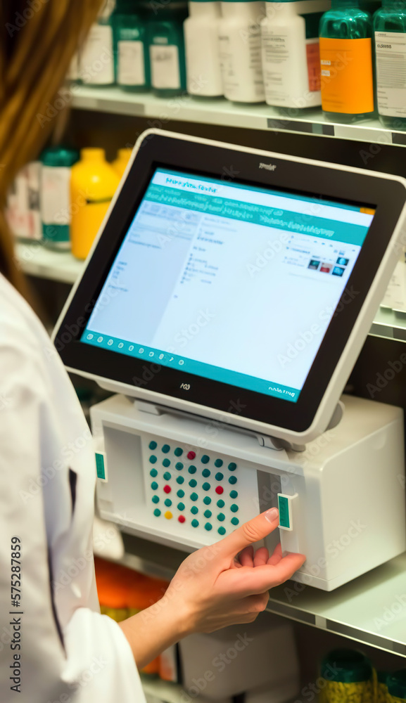 A healthcare professional operates a touch screen device, possibly part of a pharmacy's digital system. Shelves filled with various pharmaceutical bottles can be seen in the background. AI generated. A healthcare professional operates a touch screen device, possibly part of a pharmacy's digital system. Shelves filled with various pharmaceutical bottles can be seen in the background. AI generated.