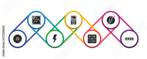 electronic stuff fill filled icons with infographic template. glyph icons such as picture, portable music player, flash off, compact disc, blitz flash, calculating, film strip vector.
