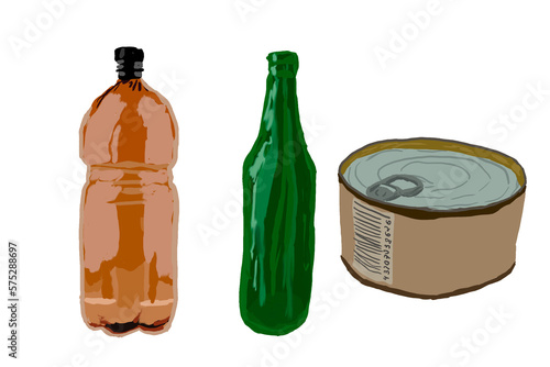 Garbage elements for recycling, plastic bottle, glass bottle, and iron can from canned goods