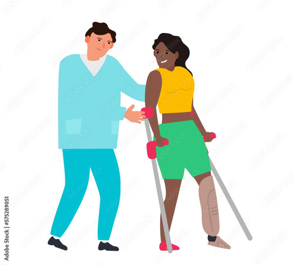 doctor and disabled woman using crutches with prosthetic leg rehabilitation vector illustration doctor and disabled woman using crutches with prosthetic leg rehabilitation vector illustration
