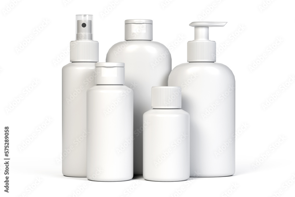 Weiße Plastikflaschen für Kosmetik, isoliert auf weißem Hintergrund. Behälter für Gel, Lotion, Schaum, Shampoo, Hautpflege, Haarspray. 3D Rendering. Weiße Plastikflaschen für Kosmetik, isoliert auf weißem Hintergrund. Behälter für Gel, Lotion, Schaum, Shampoo, Hautpflege, Haarspray. 3D Rendering.