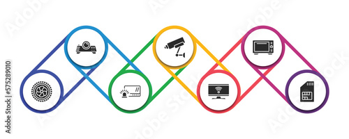 electronic devices filled icons with infographic template. glyph icons such as projector, video surveillance, convection oven, turbine, burglar alarm, smart tv, sim vector.