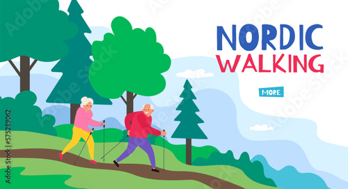 nordic walking senior couple healthy lifestyle hiking in nature vector illustration