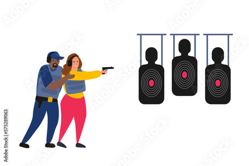 african american man instructor help to woman with gun shooting range vector illustration