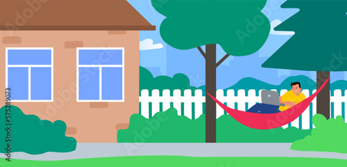 man using laptop remote online working lying in hammock in the backyard vector illustration