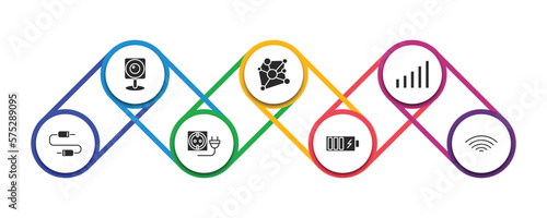 electrian connections filled icons with infographic template. glyph icons such as web camera, connections, full, wires, wall socket, charging, vector.