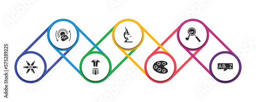education collection. filled icons with infographic template. glyph icons such as photosynthesis, microscope, sherlock holmes, atom, uniform, paint palette, alphabet vector.