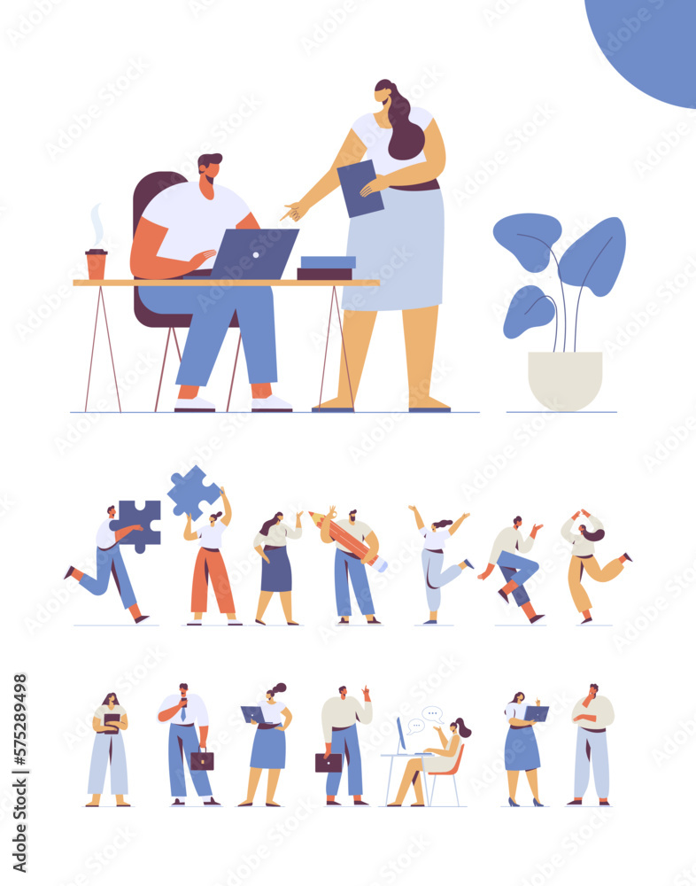 Team working, cooperation. People connecting huge puzzle elements. Partnership. Vector illustration in flat design style.
