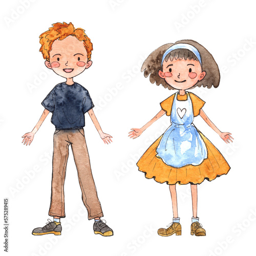 Watercolor illustration with a girl and a boy in retro style. Cute cartoon children in a friendly pose