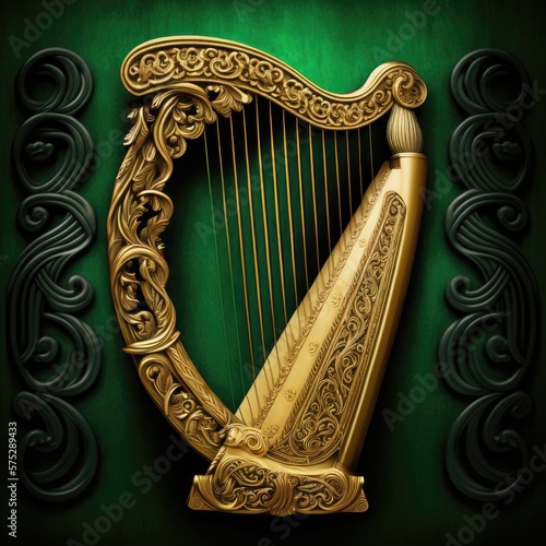 Golden harp with green floral background. Saint Patrick's day. Generative ai. 